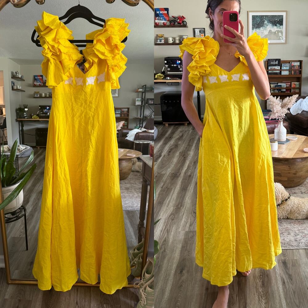 Fanm Mon Ruffle Yellow Long Maxi Dress size XS